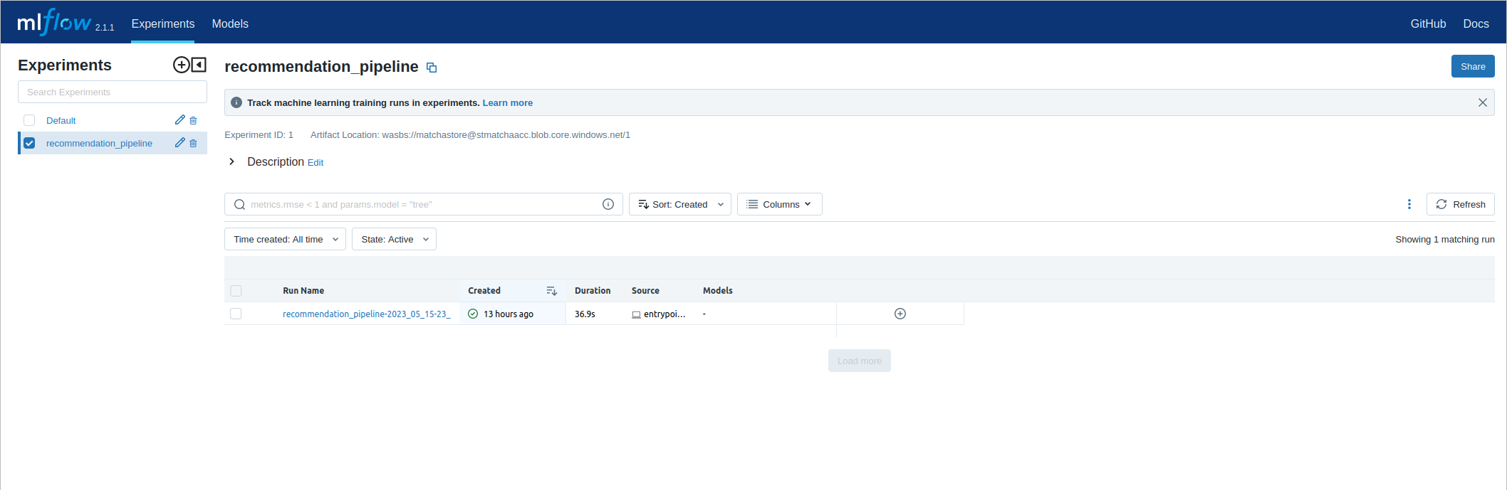 Screenshot of the MLFlow user interface showing the recommendation pipeline runs